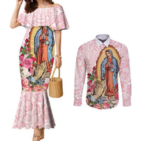Virgen de Guadalupe Couples Matching Mermaid Dress and Long Sleeve Button Shirt Rose Flower Mexican Aztec Pattern
