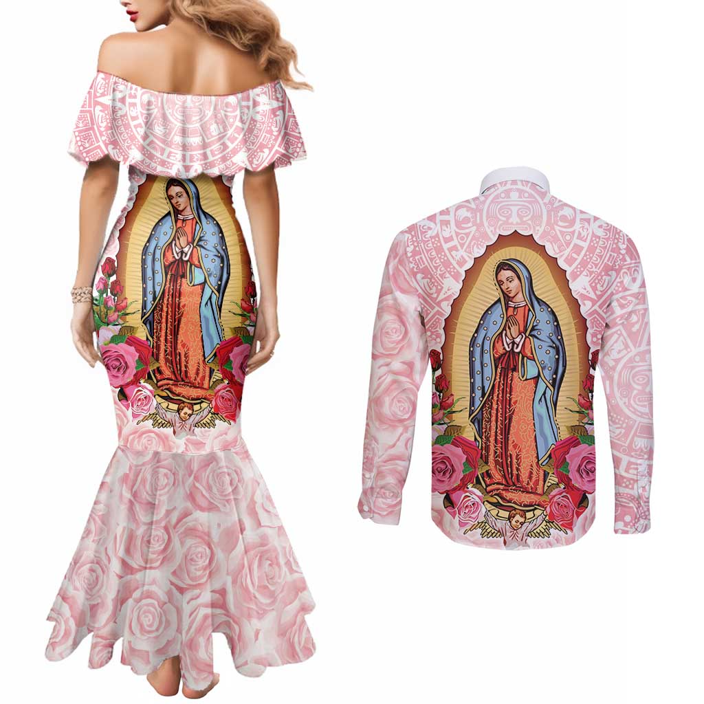 Virgen de Guadalupe Couples Matching Mermaid Dress and Long Sleeve Button Shirt Rose Flower Mexican Aztec Pattern