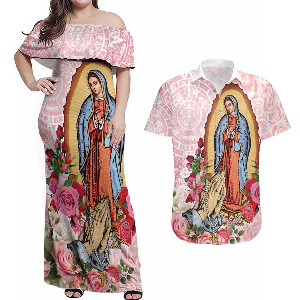 Virgen de Guadalupe Couples Matching Off Shoulder Maxi Dress and Hawaiian Shirt Rose Flower Mexican Aztec Pattern - Wonder Print Shop