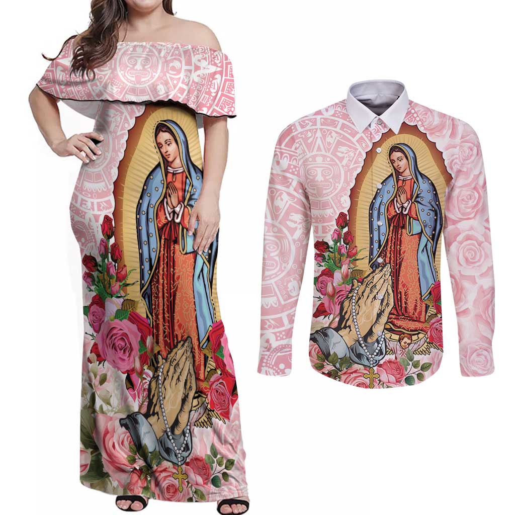 Virgen de Guadalupe Couples Matching Off Shoulder Maxi Dress and Long Sleeve Button Shirt Rose Flower Mexican Aztec Pattern - Wonder Print Shop