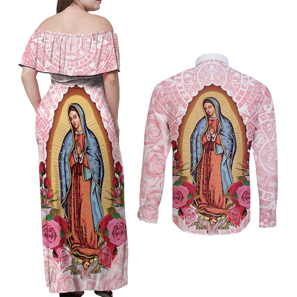 Virgen de Guadalupe Couples Matching Off Shoulder Maxi Dress and Long Sleeve Button Shirt Rose Flower Mexican Aztec Pattern - Wonder Print Shop