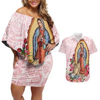 Virgen de Guadalupe Couples Matching Off Shoulder Short Dress and Hawaiian Shirt Rose Flower Mexican Aztec Pattern - Wonder Print Shop
