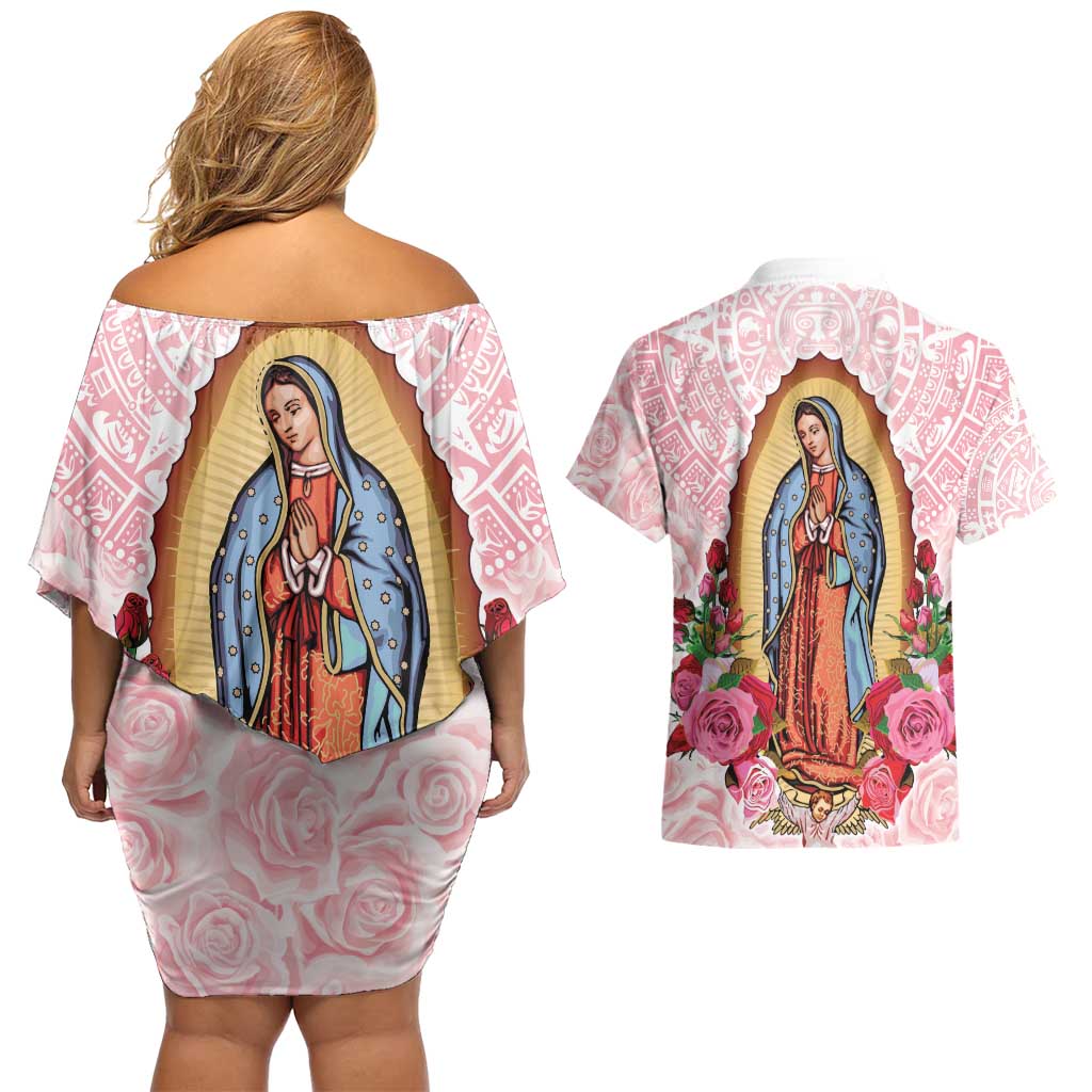 Virgen de Guadalupe Couples Matching Off Shoulder Short Dress and Hawaiian Shirt Rose Flower Mexican Aztec Pattern - Wonder Print Shop