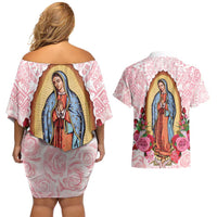 Virgen de Guadalupe Couples Matching Off Shoulder Short Dress and Hawaiian Shirt Rose Flower Mexican Aztec Pattern - Wonder Print Shop