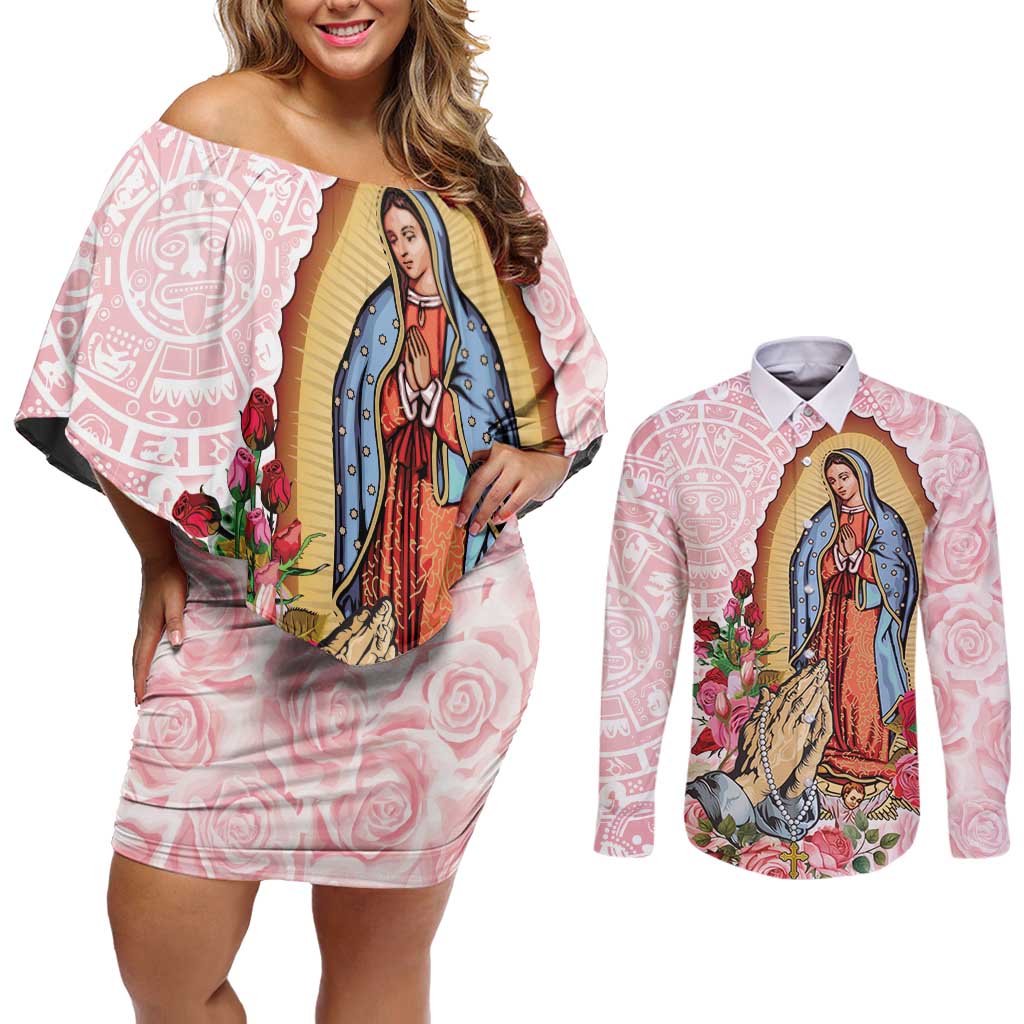 Virgen de Guadalupe Couples Matching Off Shoulder Short Dress and Long Sleeve Button Shirt Rose Flower Mexican Aztec Pattern - Wonder Print Shop