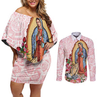 Virgen de Guadalupe Couples Matching Off Shoulder Short Dress and Long Sleeve Button Shirt Rose Flower Mexican Aztec Pattern - Wonder Print Shop