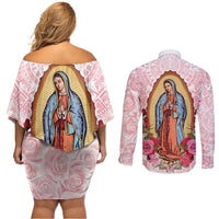 Virgen de Guadalupe Couples Matching Off Shoulder Short Dress and Long Sleeve Button Shirt Rose Flower Mexican Aztec Pattern - Wonder Print Shop