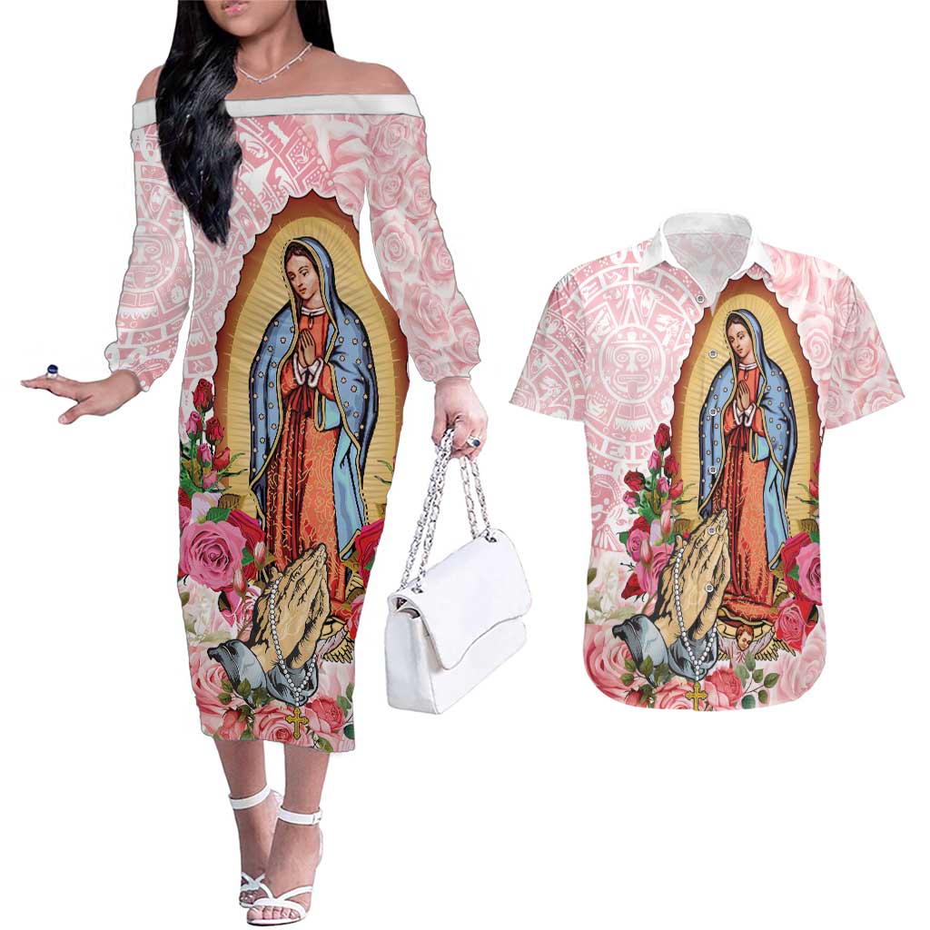 Virgen de Guadalupe Couples Matching Off The Shoulder Long Sleeve Dress and Hawaiian Shirt Rose Flower Mexican Aztec Pattern - Wonder Print Shop