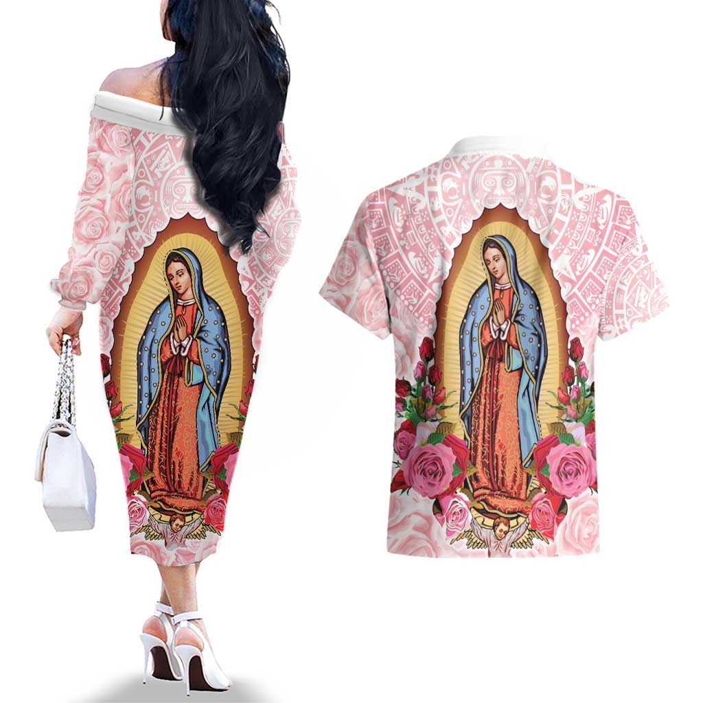 Virgen de Guadalupe Couples Matching Off The Shoulder Long Sleeve Dress and Hawaiian Shirt Rose Flower Mexican Aztec Pattern - Wonder Print Shop