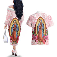 Virgen de Guadalupe Couples Matching Off The Shoulder Long Sleeve Dress and Hawaiian Shirt Rose Flower Mexican Aztec Pattern - Wonder Print Shop