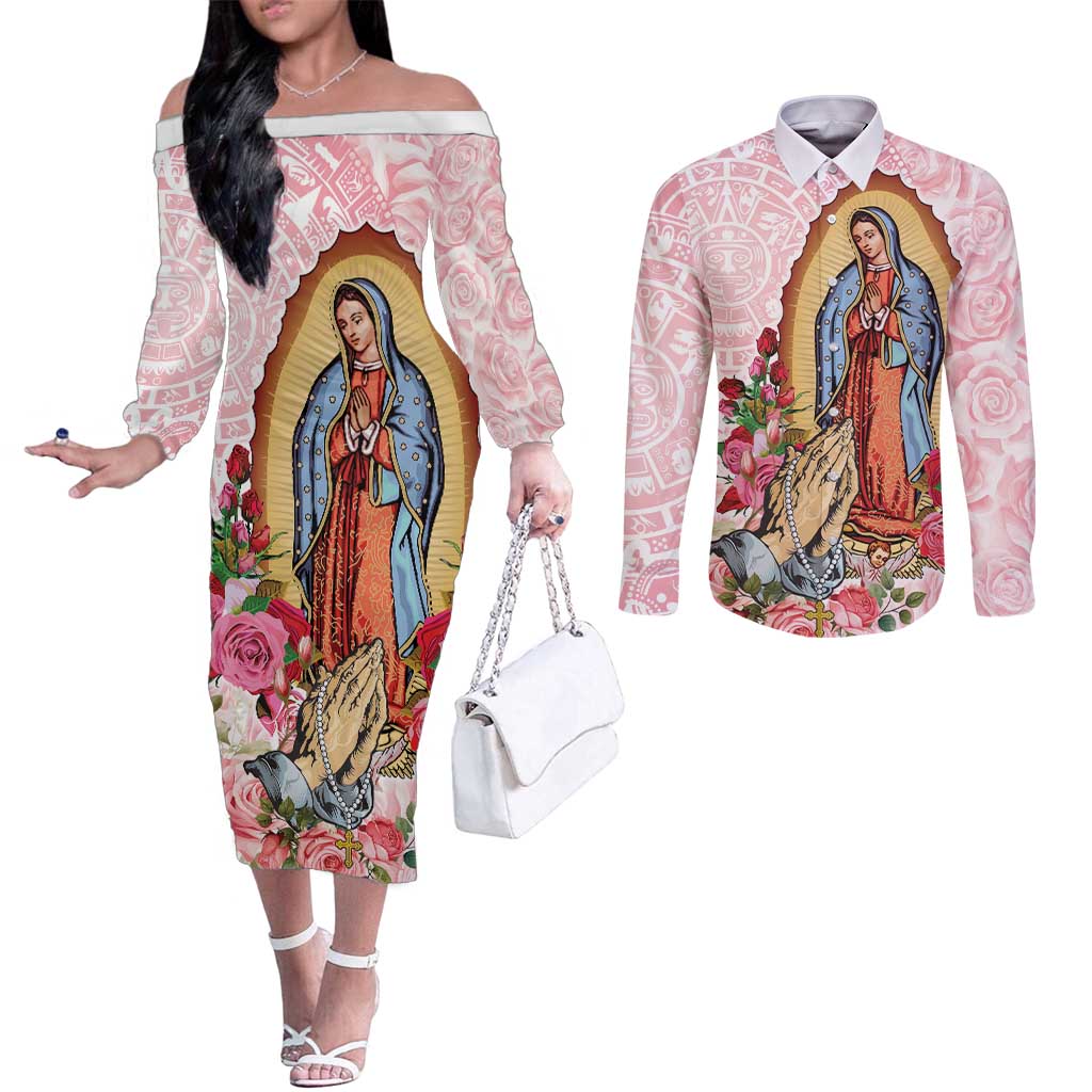 Virgen de Guadalupe Couples Matching Off The Shoulder Long Sleeve Dress and Long Sleeve Button Shirt Rose Flower Mexican Aztec Pattern