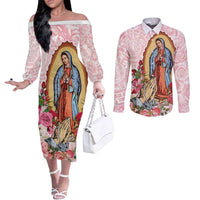 Virgen de Guadalupe Couples Matching Off The Shoulder Long Sleeve Dress and Long Sleeve Button Shirt Rose Flower Mexican Aztec Pattern