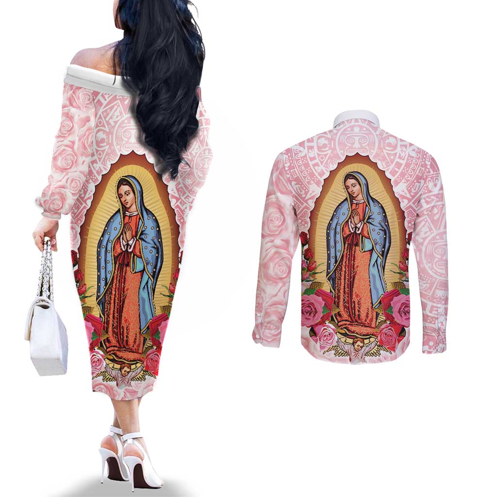 Virgen de Guadalupe Couples Matching Off The Shoulder Long Sleeve Dress and Long Sleeve Button Shirt Rose Flower Mexican Aztec Pattern