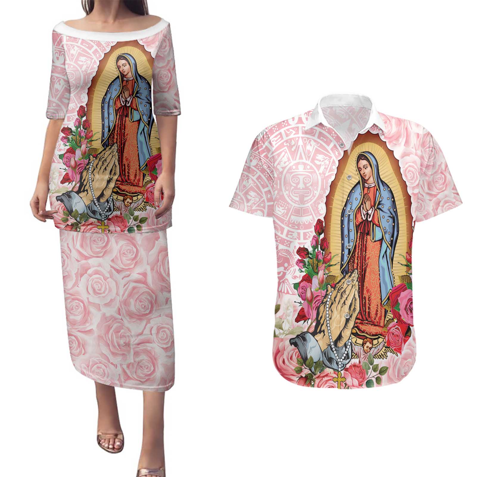 Virgen de Guadalupe Couples Matching Puletasi and Hawaiian Shirt Rose Flower Mexican Aztec Pattern - Wonder Print Shop