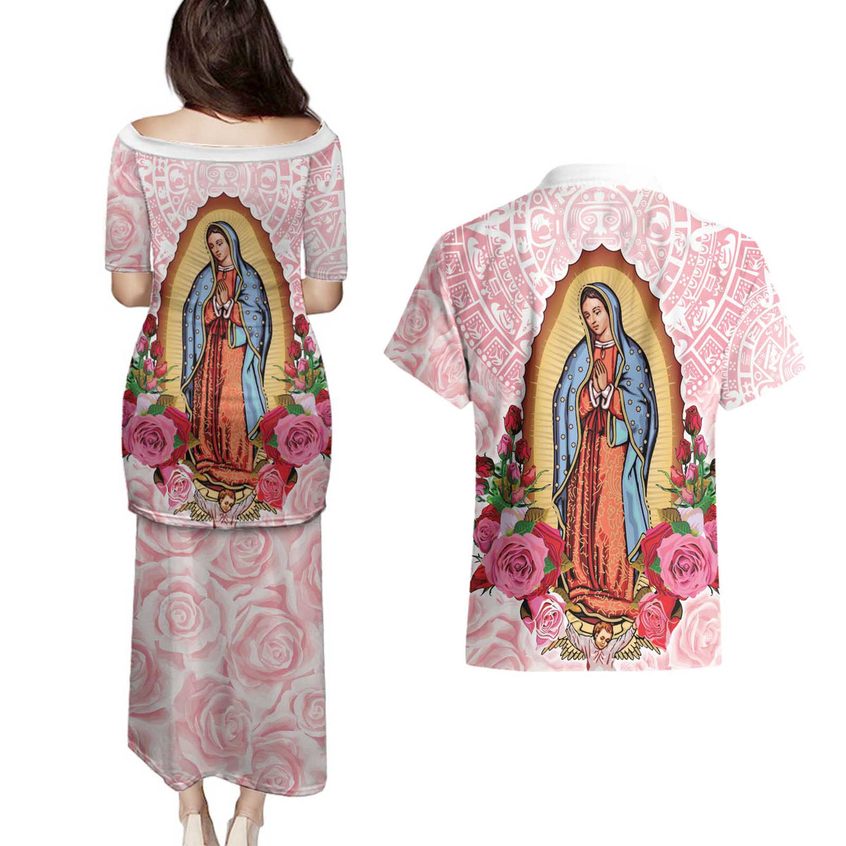 Virgen de Guadalupe Couples Matching Puletasi and Hawaiian Shirt Rose Flower Mexican Aztec Pattern - Wonder Print Shop
