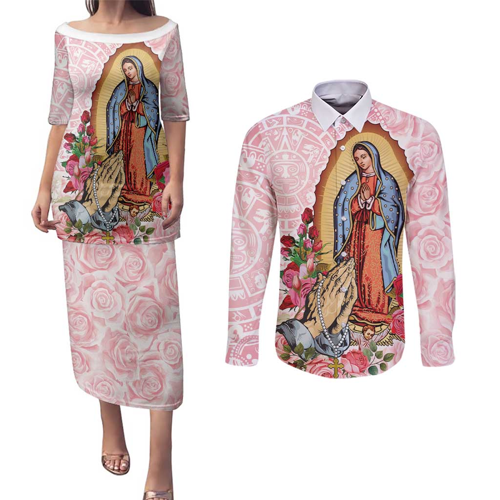 Virgen de Guadalupe Couples Matching Puletasi and Long Sleeve Button Shirt Rose Flower Mexican Aztec Pattern - Wonder Print Shop