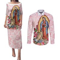 Virgen de Guadalupe Couples Matching Puletasi and Long Sleeve Button Shirt Rose Flower Mexican Aztec Pattern - Wonder Print Shop