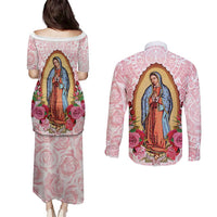 Virgen de Guadalupe Couples Matching Puletasi and Long Sleeve Button Shirt Rose Flower Mexican Aztec Pattern - Wonder Print Shop