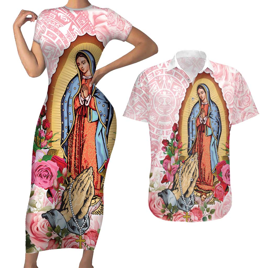Virgen de Guadalupe Couples Matching Short Sleeve Bodycon Dress and Hawaiian Shirt Rose Flower Mexican Aztec Pattern - Wonder Print Shop