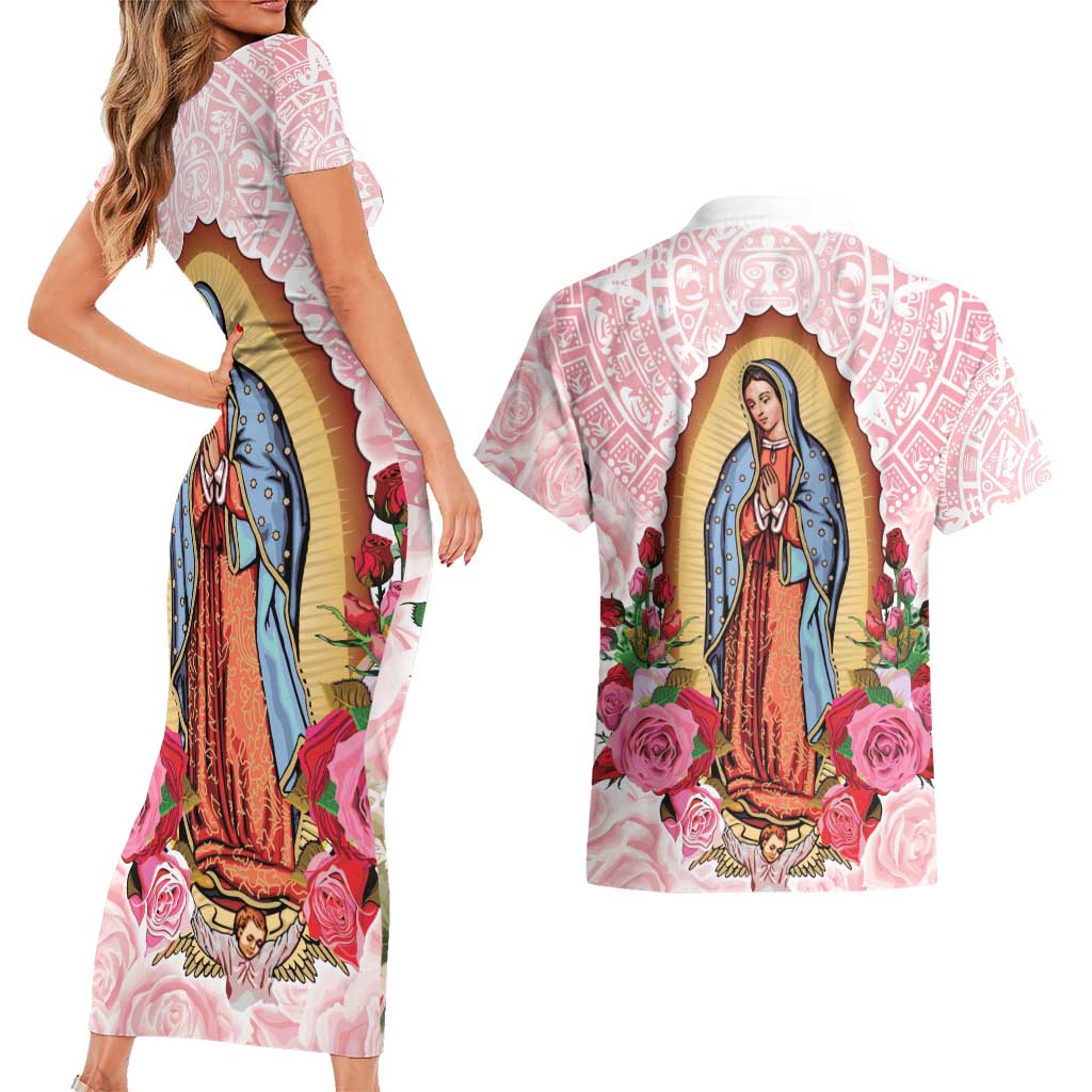 Virgen de Guadalupe Couples Matching Short Sleeve Bodycon Dress and Hawaiian Shirt Rose Flower Mexican Aztec Pattern - Wonder Print Shop