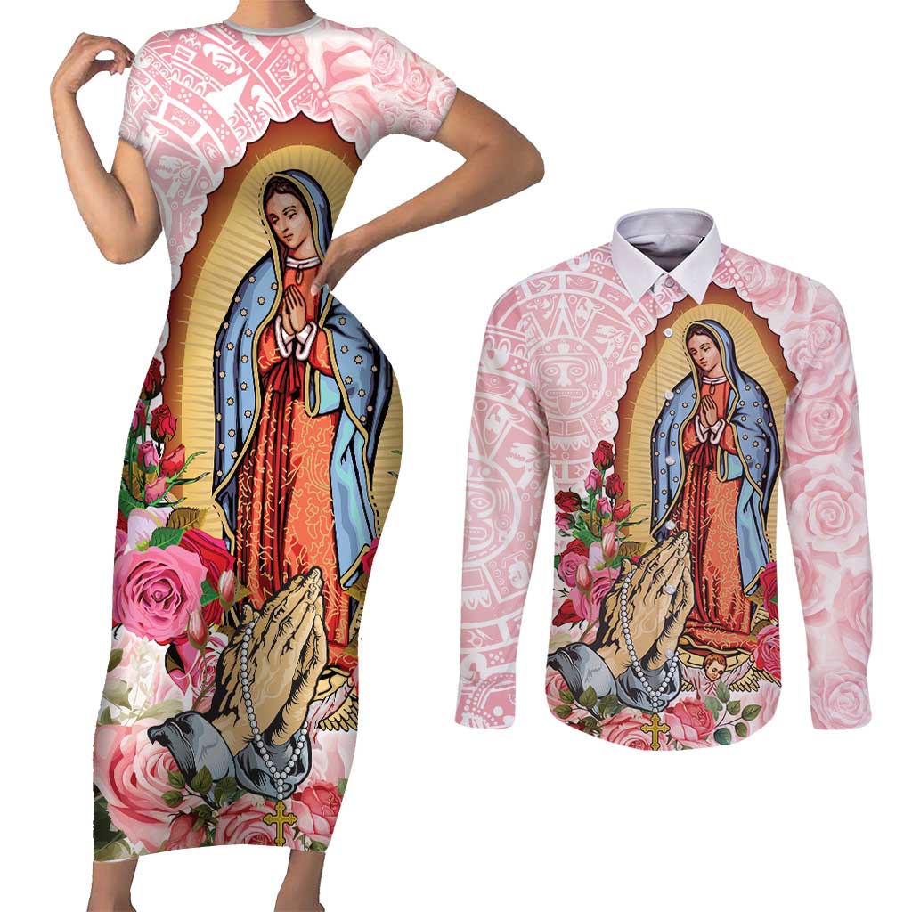 Virgen de Guadalupe Couples Matching Short Sleeve Bodycon Dress and Long Sleeve Button Shirt Rose Flower Mexican Aztec Pattern - Wonder Print Shop