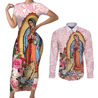 Virgen de Guadalupe Couples Matching Short Sleeve Bodycon Dress and Long Sleeve Button Shirt Rose Flower Mexican Aztec Pattern - Wonder Print Shop