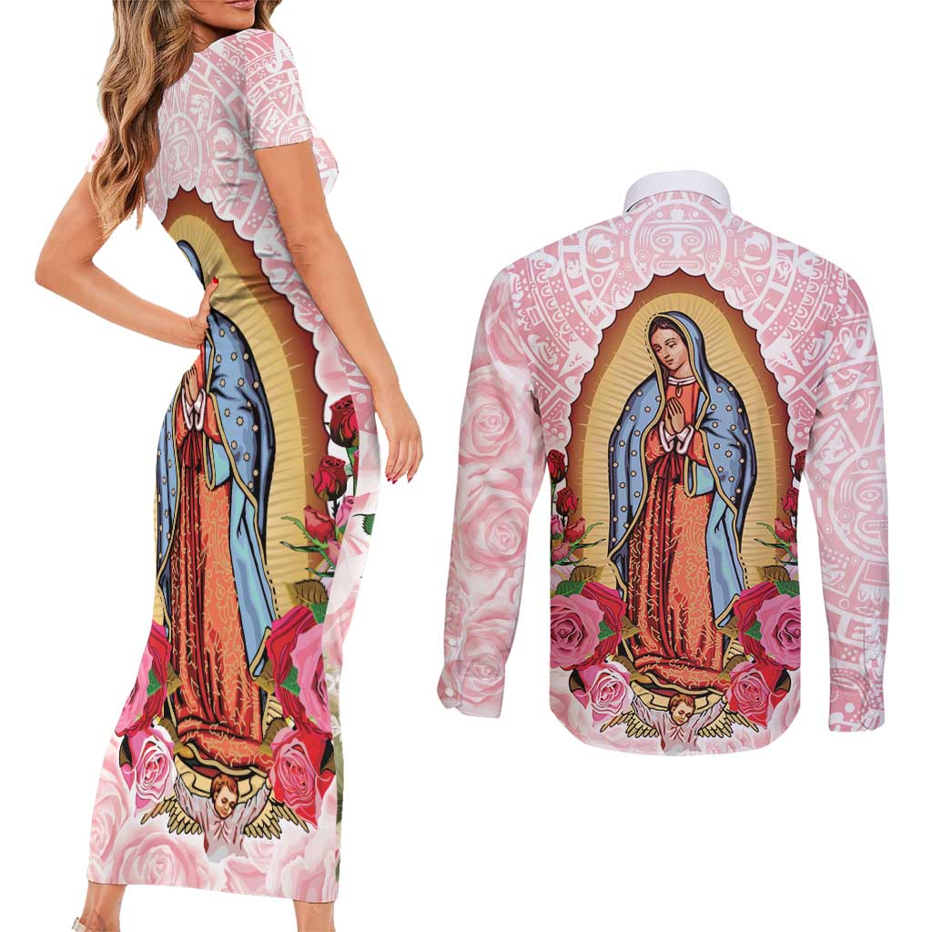 Virgen de Guadalupe Couples Matching Short Sleeve Bodycon Dress and Long Sleeve Button Shirt Rose Flower Mexican Aztec Pattern - Wonder Print Shop