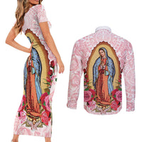 Virgen de Guadalupe Couples Matching Short Sleeve Bodycon Dress and Long Sleeve Button Shirt Rose Flower Mexican Aztec Pattern - Wonder Print Shop