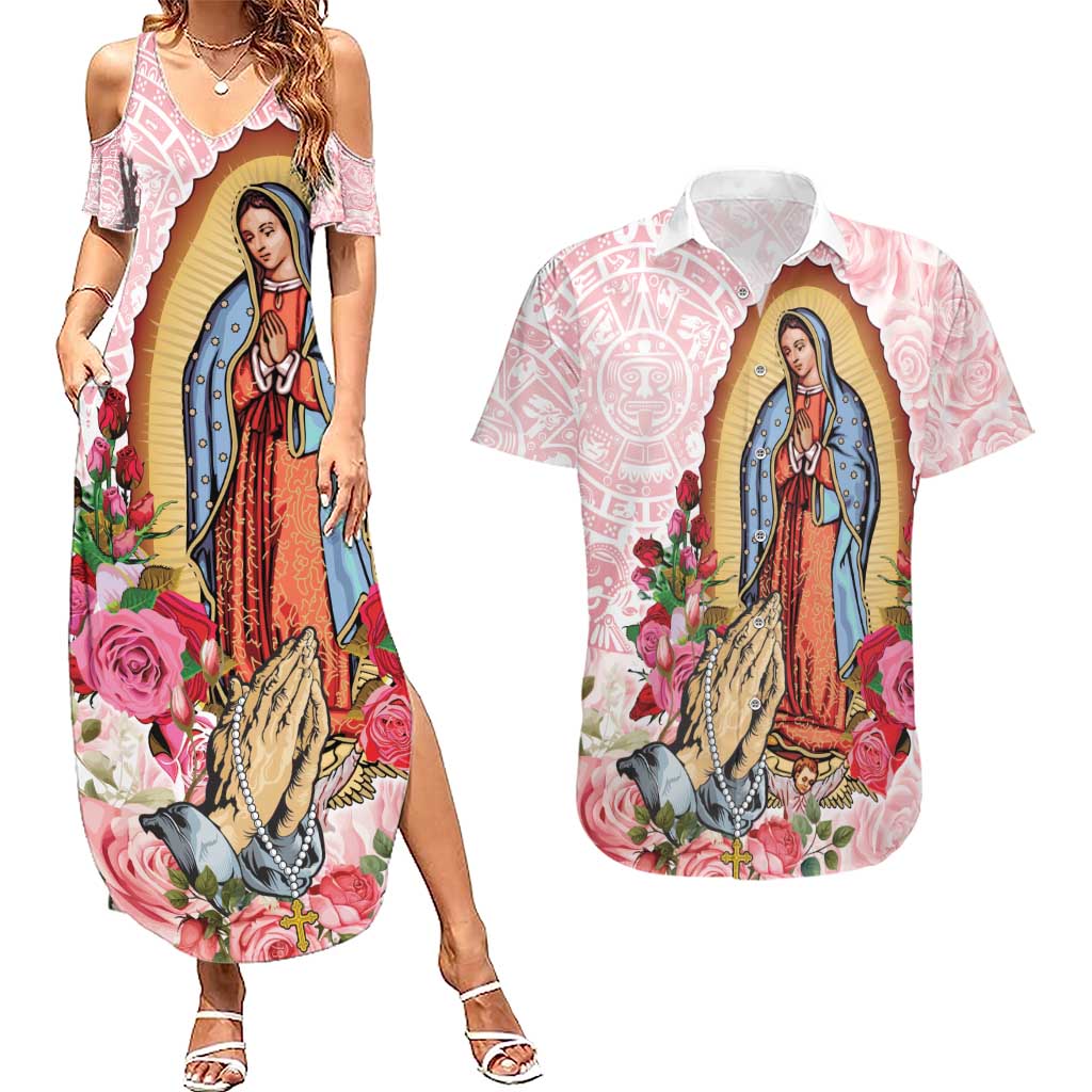 Virgen de Guadalupe Couples Matching Summer Maxi Dress and Hawaiian Shirt Rose Flower Mexican Aztec Pattern - Wonder Print Shop