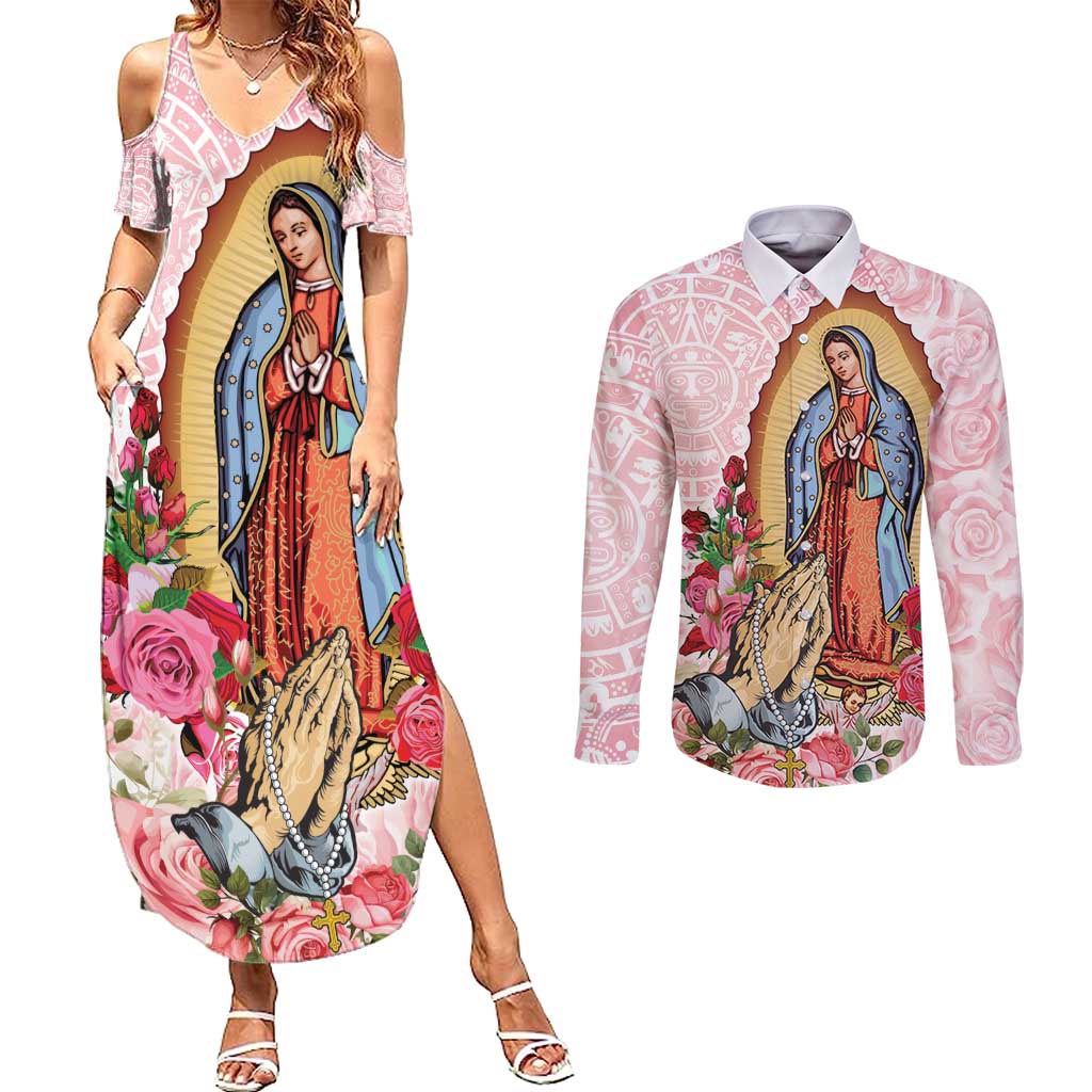 Virgen de Guadalupe Couples Matching Summer Maxi Dress and Long Sleeve Button Shirt Rose Flower Mexican Aztec Pattern - Wonder Print Shop