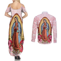 Virgen de Guadalupe Couples Matching Summer Maxi Dress and Long Sleeve Button Shirt Rose Flower Mexican Aztec Pattern - Wonder Print Shop