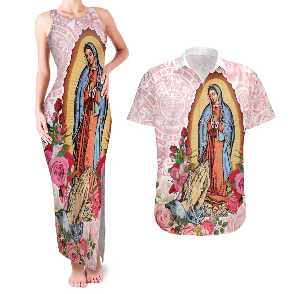 Virgen de Guadalupe Couples Matching Tank Maxi Dress and Hawaiian Shirt Rose Flower Mexican Aztec Pattern - Wonder Print Shop