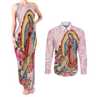 Virgen de Guadalupe Couples Matching Tank Maxi Dress and Long Sleeve Button Shirt Rose Flower Mexican Aztec Pattern - Wonder Print Shop