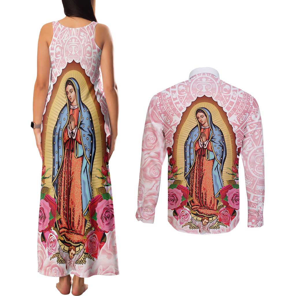 Virgen de Guadalupe Couples Matching Tank Maxi Dress and Long Sleeve Button Shirt Rose Flower Mexican Aztec Pattern - Wonder Print Shop