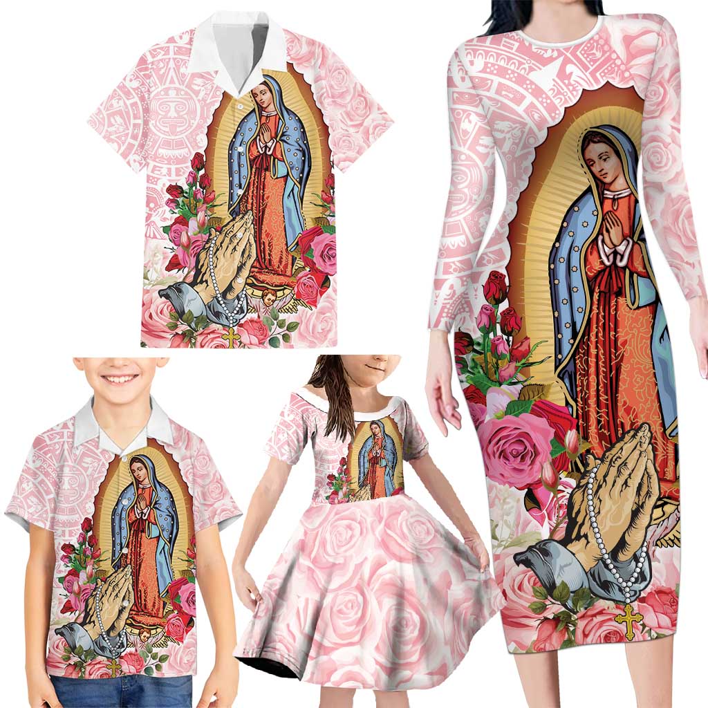 Virgen de Guadalupe Family Matching Long Sleeve Bodycon Dress and Hawaiian Shirt Rose Flower Mexican Aztec Pattern - Wonder Print Shop