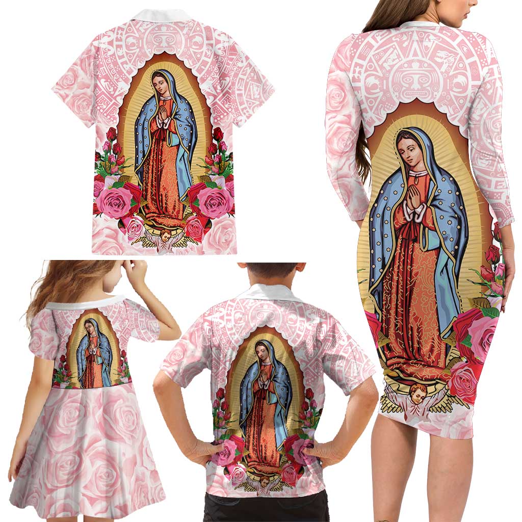 Virgen de Guadalupe Family Matching Long Sleeve Bodycon Dress and Hawaiian Shirt Rose Flower Mexican Aztec Pattern - Wonder Print Shop
