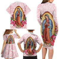 Virgen de Guadalupe Family Matching Long Sleeve Bodycon Dress and Hawaiian Shirt Rose Flower Mexican Aztec Pattern - Wonder Print Shop