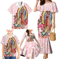 Virgen de Guadalupe Family Matching Mermaid Dress and Hawaiian Shirt Rose Flower Mexican Aztec Pattern - Wonder Print Shop