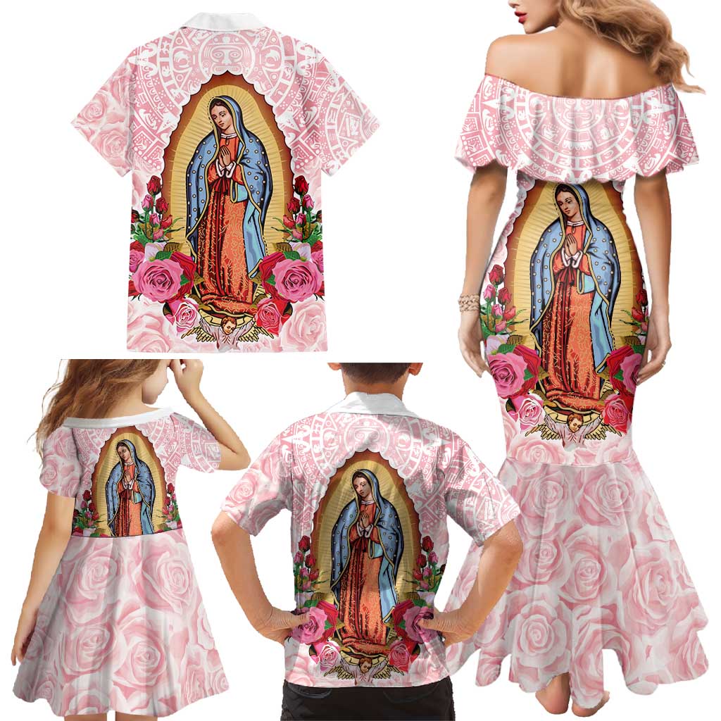 Virgen de Guadalupe Family Matching Mermaid Dress and Hawaiian Shirt Rose Flower Mexican Aztec Pattern - Wonder Print Shop