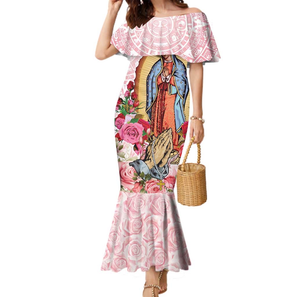 Virgen de Guadalupe Family Matching Mermaid Dress and Hawaiian Shirt Rose Flower Mexican Aztec Pattern - Wonder Print Shop
