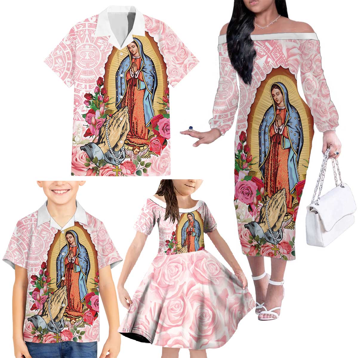 Virgen de Guadalupe Family Matching Off The Shoulder Long Sleeve Dress and Hawaiian Shirt Rose Flower Mexican Aztec Pattern - Wonder Print Shop