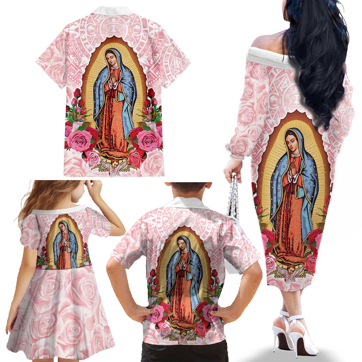 Virgen de Guadalupe Family Matching Off The Shoulder Long Sleeve Dress and Hawaiian Shirt Rose Flower Mexican Aztec Pattern - Wonder Print Shop