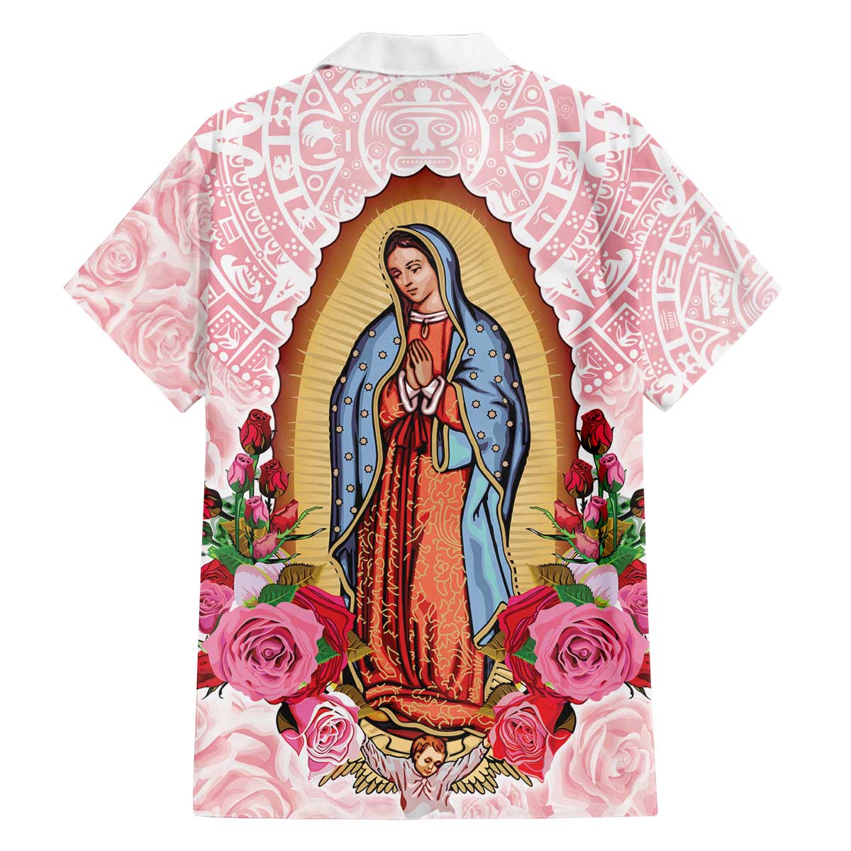 Virgen de Guadalupe Family Matching Off The Shoulder Long Sleeve Dress and Hawaiian Shirt Rose Flower Mexican Aztec Pattern - Wonder Print Shop