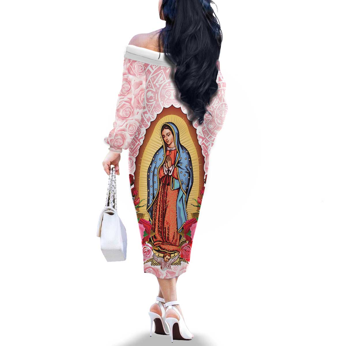 Virgen de Guadalupe Family Matching Off The Shoulder Long Sleeve Dress and Hawaiian Shirt Rose Flower Mexican Aztec Pattern - Wonder Print Shop