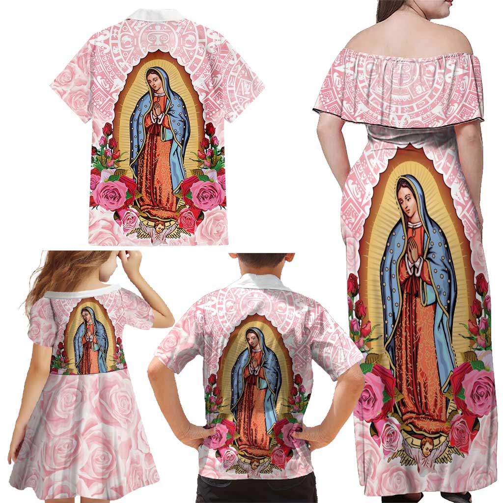Virgen de Guadalupe Family Matching Off Shoulder Maxi Dress and Hawaiian Shirt Rose Flower Mexican Aztec Pattern - Wonder Print Shop