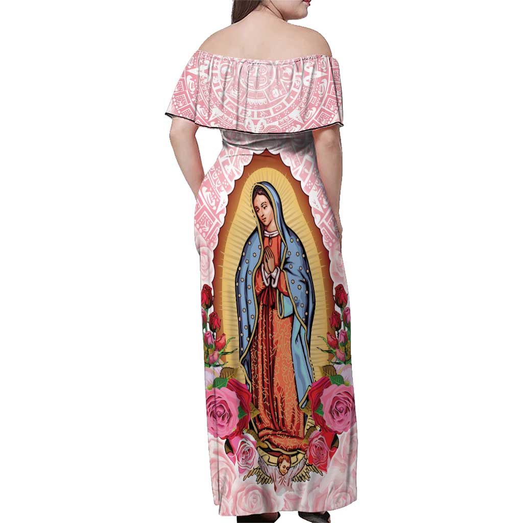 Virgen de Guadalupe Family Matching Off Shoulder Maxi Dress and Hawaiian Shirt Rose Flower Mexican Aztec Pattern - Wonder Print Shop
