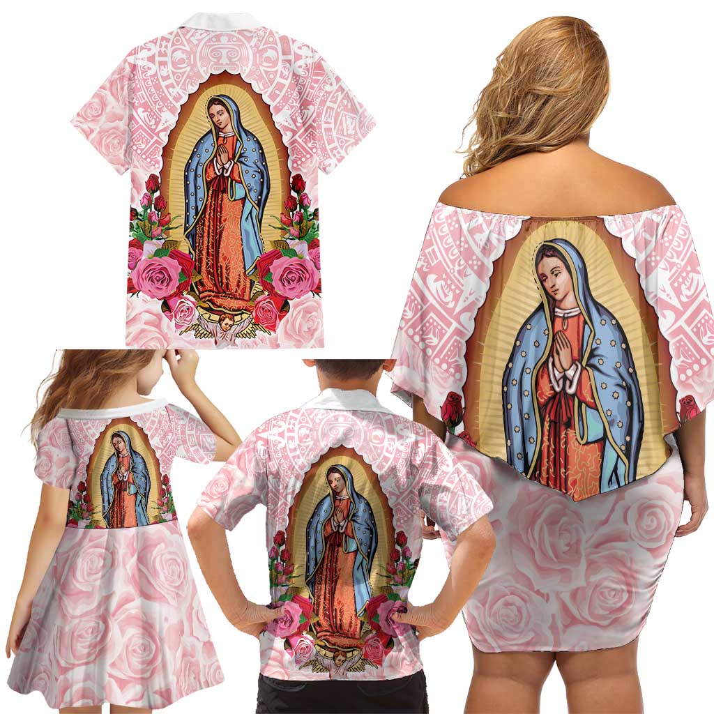Virgen de Guadalupe Family Matching Off Shoulder Short Dress and Hawaiian Shirt Rose Flower Mexican Aztec Pattern - Wonder Print Shop