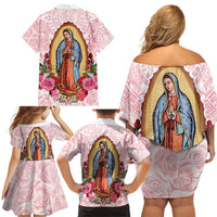 Virgen de Guadalupe Family Matching Off Shoulder Short Dress and Hawaiian Shirt Rose Flower Mexican Aztec Pattern - Wonder Print Shop