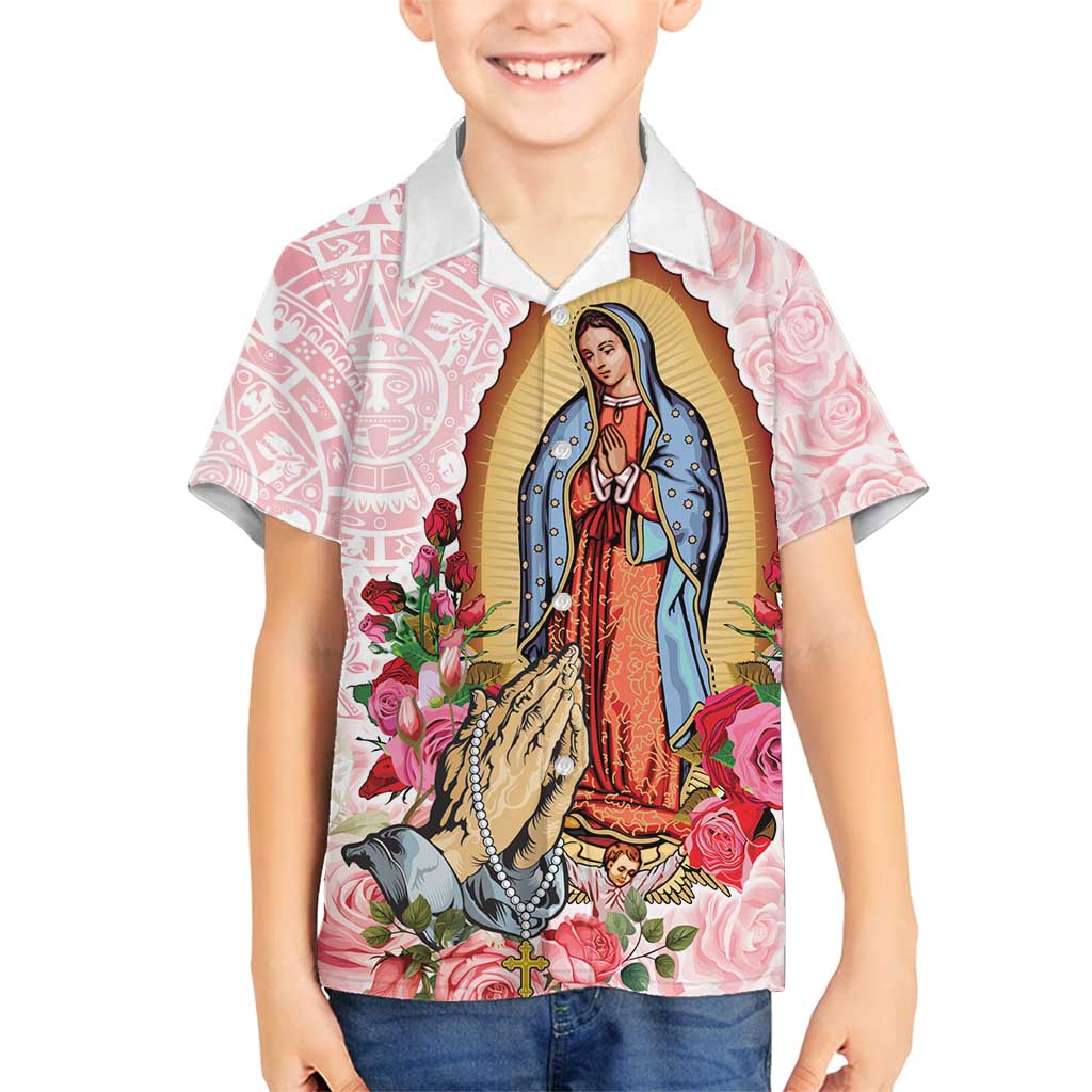 Virgen de Guadalupe Family Matching Off Shoulder Short Dress and Hawaiian Shirt Rose Flower Mexican Aztec Pattern - Wonder Print Shop