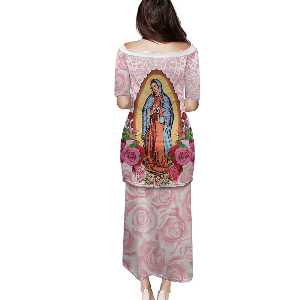 Virgen de Guadalupe Family Matching Puletasi and Hawaiian Shirt Rose Flower Mexican Aztec Pattern - Wonder Print Shop